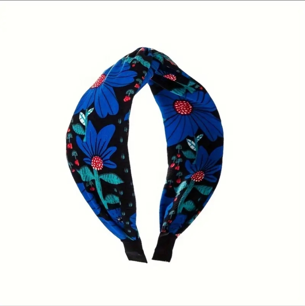 Floral Wide Cross Top Headband Blue and Red Floral NEW - Picture 2 of 3